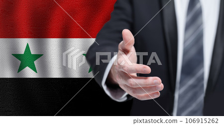 Syrian business, politics, cooperation and travel concept. Hand on flag of Syria background. Syrian business, politics, cooperation and travel concept. Hand on flag of Syria background. 106915262
