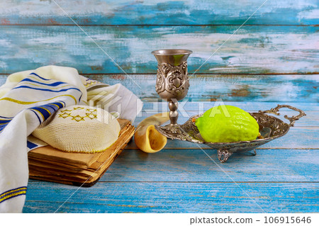 In Jewish Orthodox festival of Sukkot four species, namely Etrog, lulav, hadas, arava, hold significant importance as traditional Holiday symbols In Jewish Orthodox festival of Sukkot four species, namely Etrog, lulav, hadas, arava, hold significant importance as traditional Holiday symbols 106915646