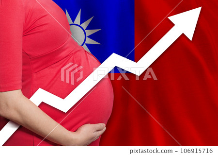 Taiwanese pregnant woman on flag of Taiwan background. Birth rate up Taiwanese pregnant woman on flag of Taiwan background. Birth rate up 106915716