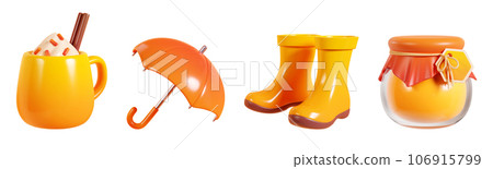 Autumn decoration elements 3d render illustration set - cup of hot drink with cream and cinnamon stick, open orange umbrella, pair of yellow rain rubber boots and glass jar with honey and cloth cap. Autumn decoration elements 3d render illustration set - cup of hot drink with cream and cinnamon stick, open orange umbrella, pair of yellow rain rubber boots and glass jar with honey and cloth cap. 106915799