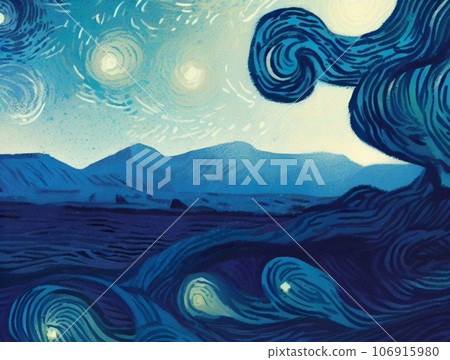 Illustration of night starry sky and meadow, nuanced swirling clouds Illustration of night starry sky and meadow, nuanced swirling clouds 106915980