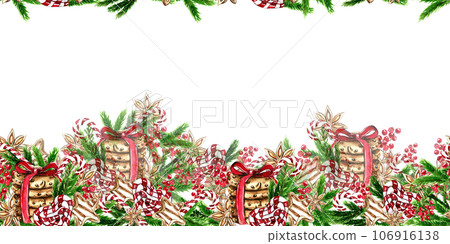 Horizontal seamless background for Christmas and New Year. Watercolor hand drawn illustration for cards, backgrounds, scrapbooking and your design. Perfect for wedding invitation. Horizontal seamless background for Christmas and New Year. Watercolor hand drawn illustration for cards, backgrounds, scrapbooking and your design. Perfect for wedding invitation. 106916138