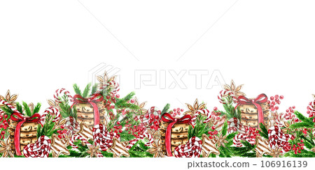 Horizontal seamless background for Christmas and New Year. Watercolor hand drawn illustration for cards, backgrounds, scrapbooking and your design. Perfect for wedding invitation. Horizontal seamless background for Christmas and New Year. Watercolor hand drawn illustration for cards, backgrounds, scrapbooking and your design. Perfect for wedding invitation. 106916139