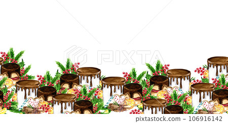 Horizontal seamless background for Christmas and New Year. Watercolor hand drawn illustration for cards, backgrounds, scrapbooking and your design. Perfect for wedding invitation. 106916142