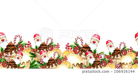 Horizontal seamless background for Christmas and New Year. Watercolor hand drawn illustration for cards, backgrounds, scrapbooking and your design. Perfect for wedding invitation. Horizontal seamless background for Christmas and New Year. Watercolor hand drawn illustration for cards, backgrounds, scrapbooking and your design. Perfect for wedding invitation. 106916144