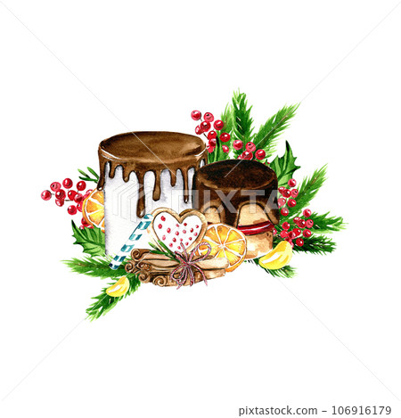 Composition for Christmas. Gifts, cupcake, cake,cookies,fir branches.Composition for Christmas. Gifts, cupcake, cake,c ookies, fir branches.Watercolor hand drawn illustration. Winter holiday. 106916179
