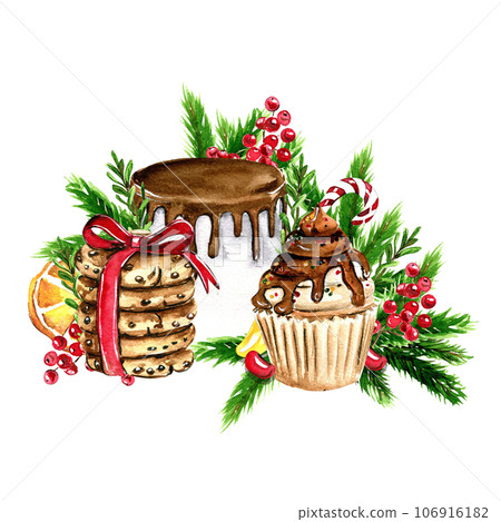 Composition for Christmas. Gifts, cupcake, cake,cookies,fir branches.Composition for Christmas. Gifts, cupcake, cake,c ookies, fir branches.Watercolor hand drawn illustration. Winter holiday. Composition for Christmas. Gifts, cupcake, cake,cookies,fir branches.Composition for Christmas. Gifts, cupcake, cake,c ookies, fir branches.Watercolor hand drawn illustration. Winter holiday. 106916182