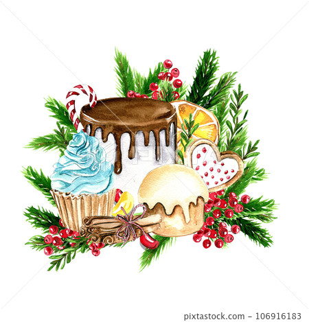Composition for Christmas. Gifts, cupcake, cake,cookies,fir branches.Composition for Christmas. Gifts, cupcake, cake,c ookies, fir branches.Watercolor hand drawn illustration. Winter holiday. 106916183