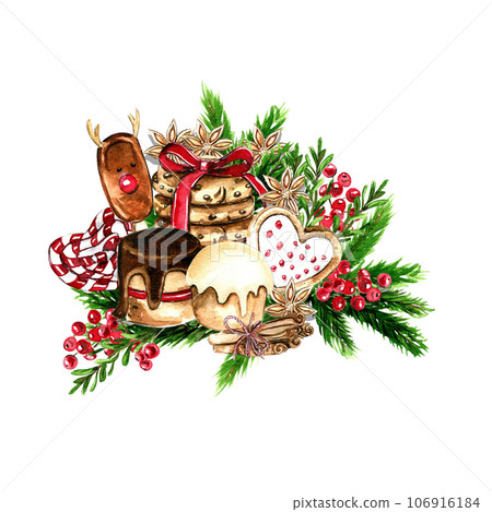 Composition for Christmas. Gifts, cupcake, cake,cookies,fir branches.Composition for Christmas. Gifts, cupcake, cake,c ookies, fir branches.Watercolor hand drawn illustration. Winter holiday. 106916184