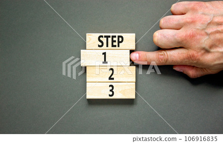 Time to step 1 symbol. Concept word Step 1 2 3 on wooden block. Businessman hand. Beautiful grey table grey background. Business planning and time to step 1 concept. Copy space. Time to step 1 symbol. Concept word Step 1 2 3 on wooden block. Businessman hand. Beautiful grey table grey background. Business planning and time to step 1 concept. Copy space. 106916835