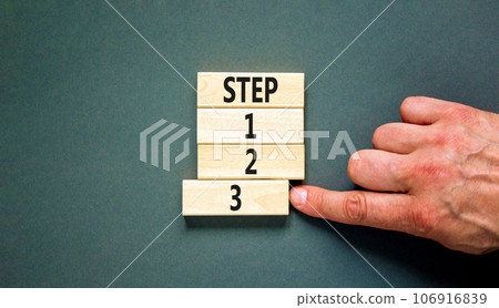 Time to step 3 symbol. Concept word Step 1 2 3 on wooden block. Businessman hand. Beautiful grey table grey background. Business planning and time to step 3 concept. Copy space. 106916839