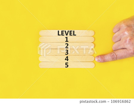 Time to level 4 symbol. Concept word Level 1 2 3 4 5 on wooden sticks. Businessman hand. Beautiful yellow table yellow background. Business planning and time to level 4 concept. Copy space. 106916862