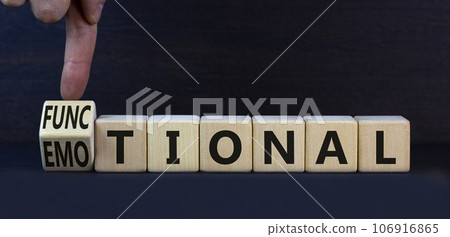 Functional or emotional symbol. Turned wooden cubes and changed the word emotional to functional. Beautiful grey table grey background, copy space. Business and functional or emotional concept. 106916865