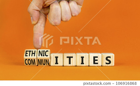Ethnicities or communities symbol. Concept words Ethnicities and Communities on wooden cubes. Beautiful orange background. Businessman hand. Business ethnicities or communities concept. Copy space. Ethnicities or communities symbol. Concept words Ethnicities and Communities on wooden cubes. Beautiful orange background. Businessman hand. Business ethnicities or communities concept. Copy space. 106916868