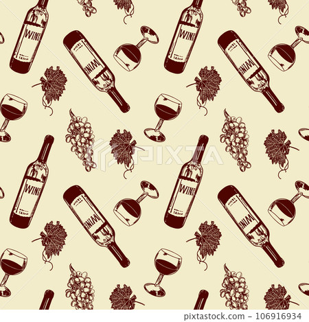 Bottle and glass of red wine, grapevine, leaves. Vector illustration of seamless pattern. Menus, wine lists, labels, banners, flyers, wrapping paper. 106916934