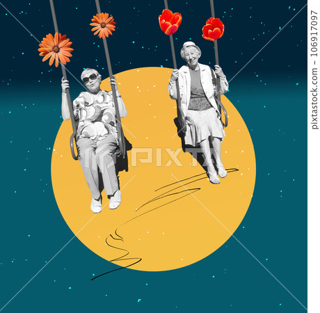 Portrait of a smiling elderly women on swing . Collage with abstract background. Design with senior women Portrait of a smiling elderly women on swing . Collage with abstract background. Design with senior women 106917097