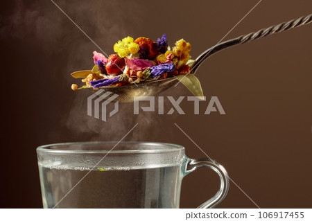 Mix of various dried medicinal plants and herbs for herbal tea. 106917455