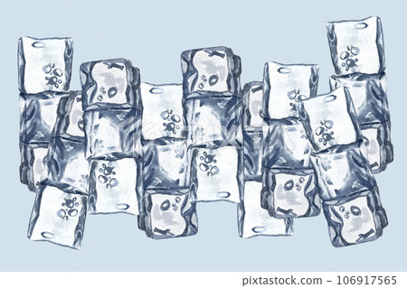 Watercolor ice cubes background, crystal ice blocks frame, isolated border of blue transparent frozen water cubes. Winter background. 106917565