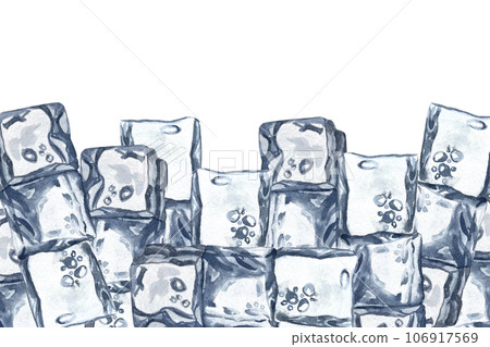 Watercolor ice cubes background, crystal ice blocks frame, isolated border of blue transparent frozen water cubes. Winter background. Watercolor ice cubes background, crystal ice blocks frame, isolated border of blue transparent frozen water cubes. Winter background. 106917569