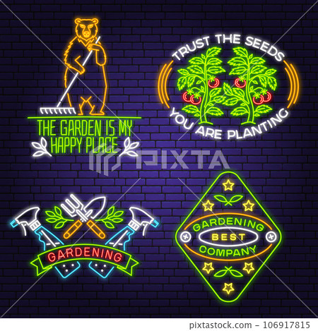 Set of gardening services neon emblem, label, badge, logo. Vector illustration. Colorful neon light design with tomato seedlings, leaf, bear, garden trowel, farming fork, sprayer, gardening equipment 106917815