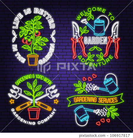 Set of gardening services neon emblem, label, badge, logo. Vector illustration. Colorful neon light design with hand secateurs, garden pruner, watering can, tomato seedlings, leaf, gardening equipment 106917817
