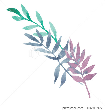 Hand drawn watercolor decorative eucalyptus or palm branches with colorful leaves: purple, mint, navy blue. Good for prints design, wedding invitations, greeting cards, posters, packing, textile Hand drawn watercolor decorative eucalyptus or palm branches with colorful leaves: purple, mint, navy blue. Good for prints design, wedding invitations, greeting cards, posters, packing, textile 106917977