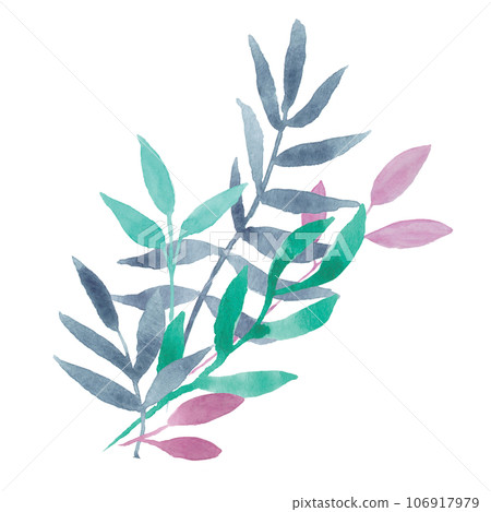 Hand drawn watercolor decorative eucalyptus or palm branches with colorful leaves: purple, mint, navy blue. Good for prints design, wedding invitations, greeting cards, posters, packing, textile Hand drawn watercolor decorative eucalyptus or palm branches with colorful leaves: purple, mint, navy blue. Good for prints design, wedding invitations, greeting cards, posters, packing, textile 106917979