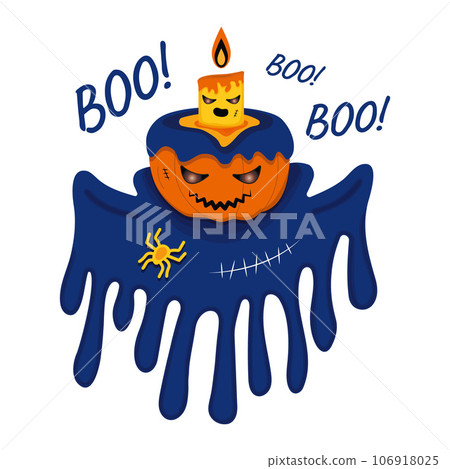 Candle stand on pumpkin and burns brightly. Ghosts fly around and spiders crawl. Vector for Halloween Candle stand on pumpkin and burns brightly. Ghosts fly around and spiders crawl. Vector for Halloween 106918025