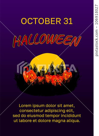 Vector Halloween background vertical banner with pumpkins, moon, bushes. Advertising copy space Vector Halloween background vertical banner with pumpkins, moon, bushes. Advertising copy space 106918027