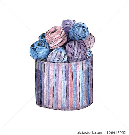 Balls of yarn for knitting in a striped box. High quality watercolor illustration Balls of yarn for knitting in a striped box. High quality watercolor illustration 106918062