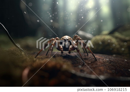 A closeup view of a spider in a natural environment. The arachnid in the forest. Generative AI A closeup view of a spider in a natural environment. The arachnid in the forest. Generative AI 106918215