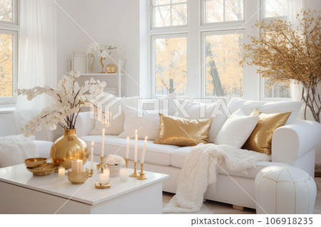 White and gold home autumn decoration. Flowers stand in a vase on the table next to the luxury sofa. Elegant home decor. Generative AI 106918235