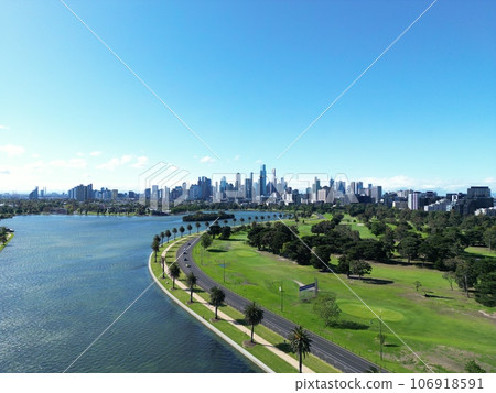Aerial view of Albert Park in Melbourne, Australia on a sunny day 106918591