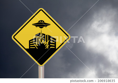 UFO destroying a city - Crossing sign UFO destroying a city - Crossing sign 106918635