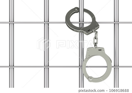Handcuffs on metal prison bars, 3D rendering Handcuffs on metal prison bars, 3D rendering 106918688