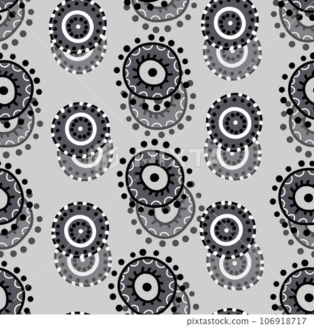 Seamless pattern with geometric aboriginal ornament. Ethnic tribal rounded color background. Afican, australian motiph. Dots painting. Vector illustration, template design for cloth, card, fabric Seamless pattern with geometric aboriginal ornament. Ethnic tribal rounded color background. Afican, australian motiph. Dots painting. Vector illustration, template design for cloth, card, fabric 106918717