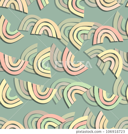 Trendy seamless pattern with colorful rainbow on color background. Design for invitation, poster, card, fabric, textile, fabric. Cute holiday illustration for baby. Scandinavian doodle style Trendy seamless pattern with colorful rainbow on color background. Design for invitation, poster, card, fabric, textile, fabric. Cute holiday illustration for baby. Scandinavian doodle style 106918723