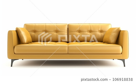 Elegant mustard colored leather sofa with two side cushions, isolated on white background. Elegant mustard colored leather sofa with two side cushions, isolated on white background. 106918838