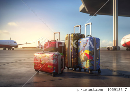 Large vivid multicolored suitcases standing outdoors at the airport 106918847