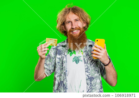 Man use credit bank card smartphone while transferring spending money, purchases online shopping Man use credit bank card smartphone while transferring spending money, purchases online shopping 106918971