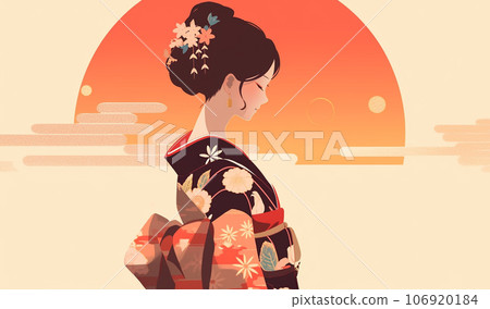 Illustration of a woman in a kimono standing against the background of the morning sun - AI-generated image Illustration of a woman in a kimono standing against the background of the morning sun - AI-generated image 106920184