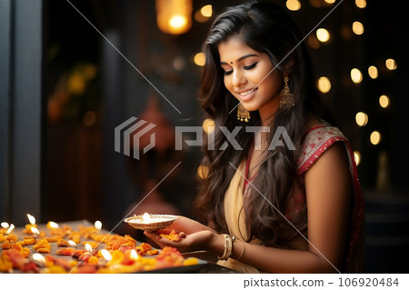 Happy Diwali greetings. Indian woman with Rangoli decoration with Diya or lamp. Diwali concept. Happy Diwali greetings. Indian woman with Rangoli decoration with Diya or lamp. Diwali concept. 106920484