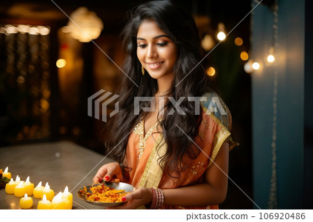 Happy Diwali greetings. Indian woman with Rangoli decoration with Diya or lamp. Diwali concept 106920486