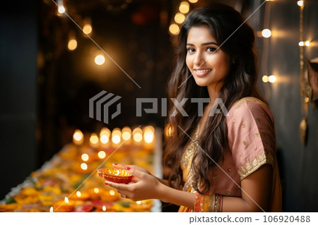 Happy Diwali greetings. Indian woman with Rangoli decoration with Diya or lamp. Diwali concept Happy Diwali greetings. Indian woman with Rangoli decoration with Diya or lamp. Diwali concept 106920488