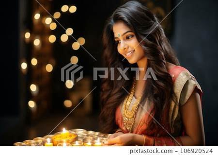 Happy Diwali greetings. Indian woman with Diwali decoration background 106920524