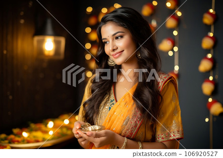Indian woman with Diwali decoration background. Diwali celebration 106920527