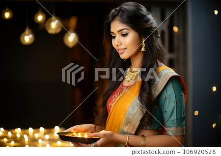 Indian woman with Diwali decoration background. Diwali celebration. 106920528