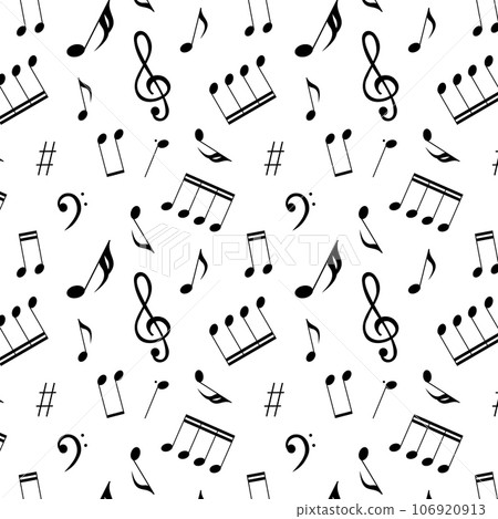 Seamless pattern of sheet music, musical notes, elements are isolated on a white background. Seamless pattern of sheet music, musical notes, elements are isolated on a white background. 106920913