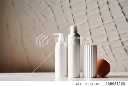 Background from a set of female professional cosmetics for face and body care. Cosmetic tubes with skin care product. Background from a set of female professional cosmetics for face and body care. Cosmetic tubes with skin care product. 106921260