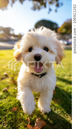 Happy Bollipoo puppy running around the park in clear weather. a pet. dog protection. Happy Bollipoo puppy running around the park in clear weather. a pet. dog protection. 106921262